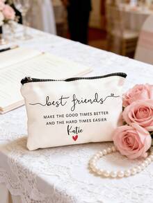 1pc Custom Name Best Friends Personalized Gift Make Up Bag, Ladies Purse, Canvas Travel Toiletry Bag, Cosmetic Organizer Case, Back To School Teacher's Day Gift - Multicolor - View 7