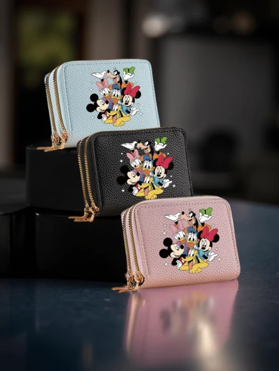 1pc Mickeying And Minnieing And Donalding Double Zipper Wallet, Short Coin Purse With Card Slots - Large Capacity Credit Card Holder And Coin Various Colors Casual For Teens For Travel For Back To School, For Girls For Student For Unisex Back To School Stuff Travel Accessories