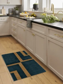 1 pieza Alfombra/Tapete de área geométrica minimalista moderna - Rayas abstractas azul y dorado, adecuada para pasillo, baño, cocina, entrada, dormitorio, sala de estar, suave y lavable, decoración del hogar - Multicolor - Ver 5