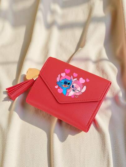 [Stitching Tassel Pendant Wallet] 1pc Stitching Cute Tassel Pendant Decor Short Wallet Faux Leather Multi-Functional Wallet, Cartoon Short Wallet Coin Purse Flap Card Case Envelope Bag, Gift