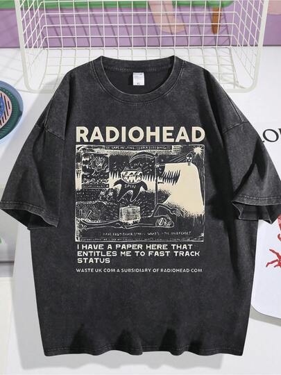 Hombres Estampado Playera Negra 230g Algodón Puro Lavado Radiohead Banda Rock Arte Retro, Camiseta Unisex Estilo Streetwear Vintage
