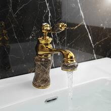 Vintage Palace Style Faucet, Glossy Brown Marble-Look With Gold Accents, Single Handle Dual Control Bathroom Vessel Sink Faucet, Brass Body, G1/2 Universal Thread, 2pcs 50cm Hoses, 2pcs G3/8 Adapters - Gold - View 6