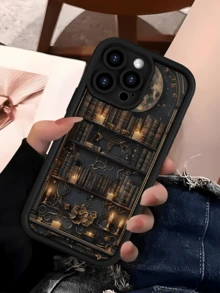 1pc Black Luminous Bookshelf Design Minimalist Full Coverage TPU Shockproof Phone Case Compatible With Apple 17, 16, 15, 14, 13, 12, 11 Pro Max, Air, And Series - Multicolor - View 3