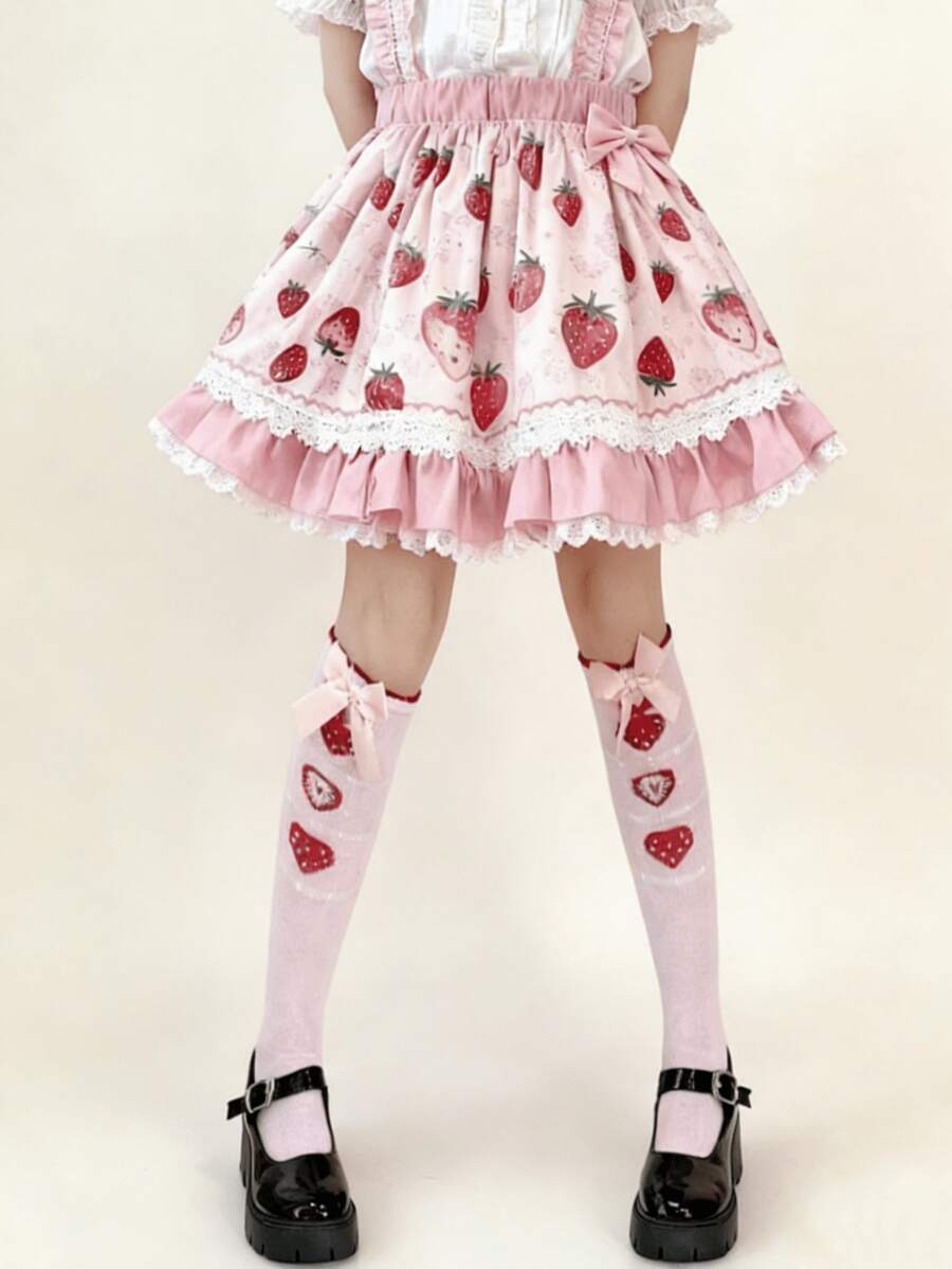 1 Pair Cute Sweet Lolita Style Pink Bow & Strawberry Pattern Socks - Multicolor - View 1