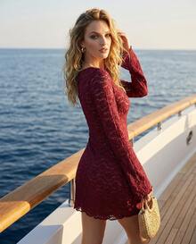 Women's Luxury Elegant Burgundy Lace Backless Square Neck Flare Sleeve Mini Dress - Dark Red - View 2