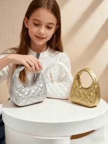 Children's Fashion Embroidered Crescent Handbag, Little Girls' Casual Tote Bag, Rhombus Coin Purse, Lipstick Case, Soft Mini Bag, Pouch, Holiday Gift, Gold, Silver, Black, White, Pink - Multicolor - View 1