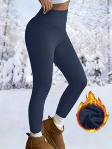 女士纯色高腰紧身裤，健身紧身裤，柔软瑜伽裤，女装，女士紧身裤 - 藏蓝色 - 查看 3
