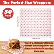 50张蜡纸食品烘焙包装纸，5种蛋糕包装纸防油食品包装纸，条纹爱心玫瑰礼品包装纸，适用于汉堡、三明治、薯条、蛋糕、糖果、牛轧糖、一般烘焙、野餐篮衬里、点心包装纸 - 彩色 - 查看 3