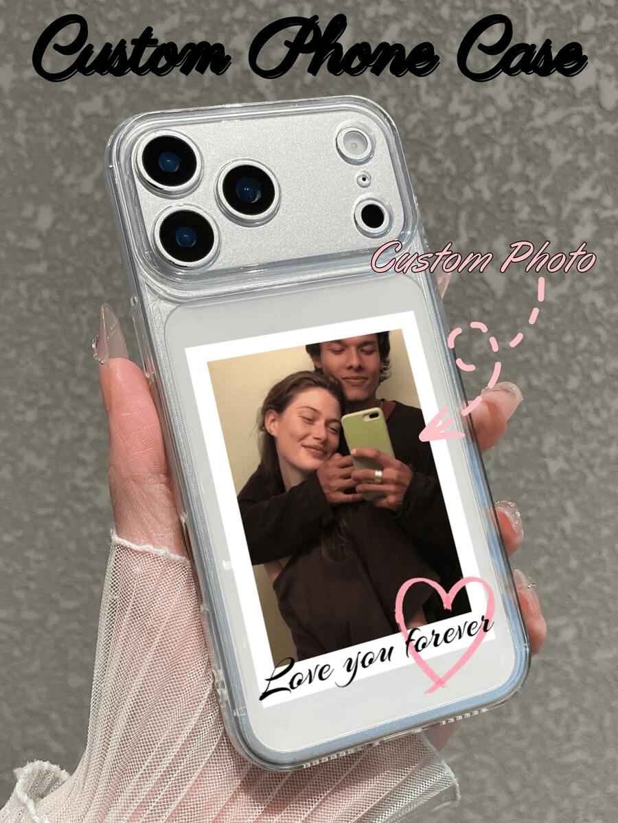 1 pieza Funda de teléfono personalizada con foto y nombre, funda de teléfono personalizada con foto, diseño de nombre para Apple, cubierta protectora de teléfono transparente, funda de teléfono personalizada con foto cargada + nombre + firma - transparente - Ver 1