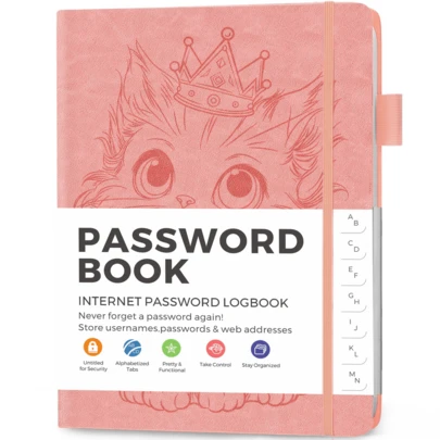 Ultimate Password Logbook, Cute Crown Cat Embossed Leather Cover, Password Management Journal With A-Z Tabs, 120gsm Thick Paper, A6 Mini Personalized Password Register, For Website Login, With College Ruled Pages, Convenient For Organization, Suitable For Elderly, Internet Password Recording, Address Management