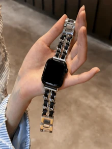 Compatible With Apple Watch Minimalist New Leather Metal Link Strap For Ultra/SE 2/SE 1/Series 11/10/9/8/7/6/5/4/3/2/1, 38/40/41/42/44/45/46/49mm - Silver Black - View 7