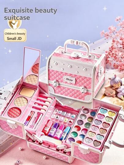 1 Set de juguete de maquillaje para niños, paleta de maquillaje para niñas, bolso de princesa, herramientas cosméticas, lápiz labial, sombra de ojos, adecuado para regalo de cumpleaños de niños