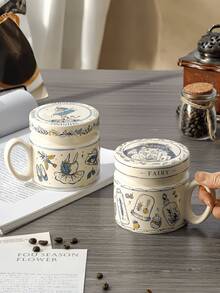 1 Set High-Quality Cartoon Mug With Lid, Retro Fairy Tale Ceramic Cup, Dust-Proof Lid With Handle, Suitable For Desserts, Coffee, Beverages, Romantic Couple Gift, Home, Restaurant, Cafe, Party - Multicolor - View 1
