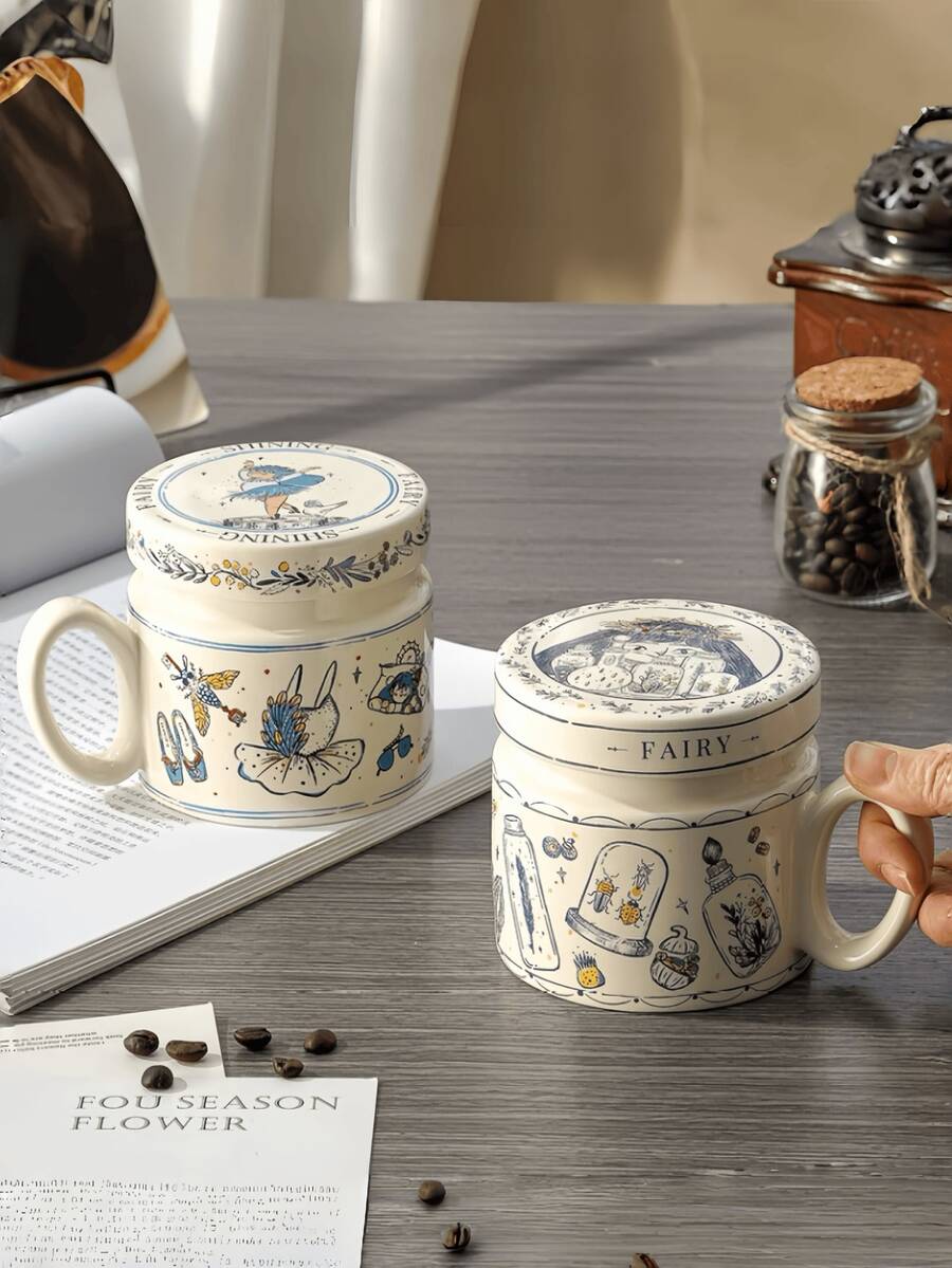 1 Set High-Quality Cartoon Mug With Lid, Retro Fairy Tale Ceramic Cup, Dust-Proof Lid With Handle, Suitable For Desserts, Coffee, Beverages, Romantic Couple Gift, Home, Restaurant, Cafe, Party - Multicolor - View 1