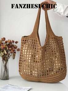 Lightweight Foldable Hollow Handmade Woven Travel Bag, Women's Casual Crochet Handbag, Fashionable Beach Bag, Multi-Functional Knitted Shoulder Bag, Large Capacity Women's Lunch Bag, Matching Women's Vacation Outfits, Summer Essential, Perfect For Vacation And Holiday Backpack, Christmas Gift, Travel Essential, Valentine's Day Gift, Mother's Day Gift , Beach Bag , Crochet - Brown - View 6