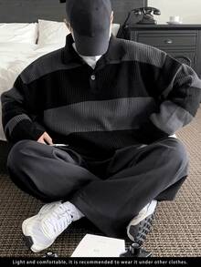 男士美式街头风韩版商务休闲通勤百搭条纹套头针织衫，秋冬款 - 黑色 - 查看 2