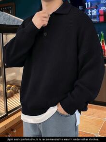 新款韩版宽松Polo领毛衣男士，休闲针织套头衫复古领服装，春秋冬季 - 黑色 - 查看 5