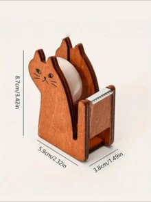 1个可爱木质猫咪胶带座，透明胶带收纳盒，粘性桌面支架，独特的办公及学习文具礼物，送给朋友的理想之选 - 1個棕色 - 查看 3