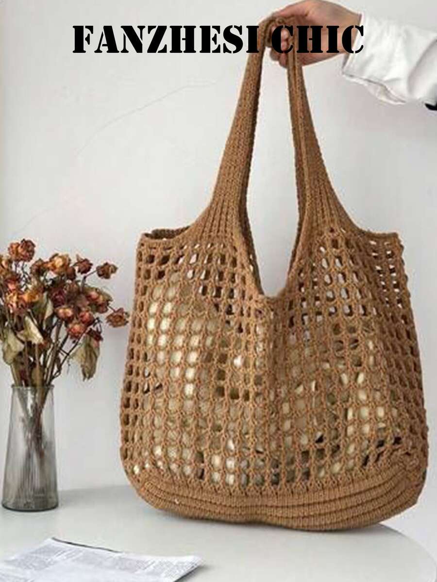 Lightweight Foldable Hollow Handmade Woven Travel Bag, Women's Casual Crochet Handbag, Fashionable Beach Bag, Multi-Functional Knitted Shoulder Bag, Large Capacity Women's Lunch Bag, Matching Women's Vacation Outfits, Summer Essential, Perfect For Vacation And Holiday Backpack, Christmas Gift, Travel Essential, Valentine's Day Gift, Mother's Day Gift , Beach Bag , Crochet - Brown - View 1
