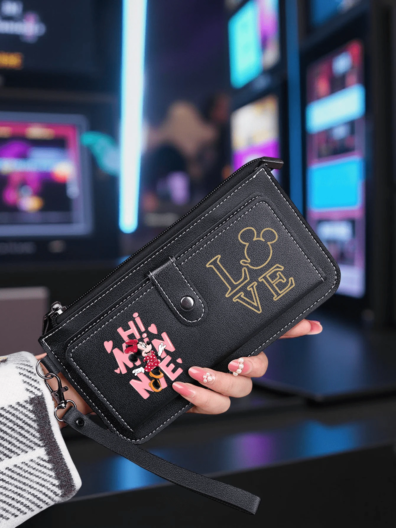 1 pieza Cartera larga Minnieing Mouseing - Portacartas de gran capacidad con múltiples compartimentos, bolsillos con cremallera y diseño de estampado de dibujos animados para uso diario - Multicolor - Ver 1