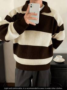 Áo len nam cỡ lớn phong cách đường phố Mỹ, Hàn Quốc, họa tiết sọc, kiểu dáng công sở thường ngày. - màu nâu - Xem 4