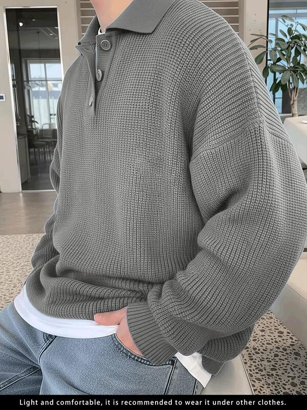 新款韩版宽松Polo领毛衣男士，休闲针织套头衫，复古罗纹领，春秋冬季