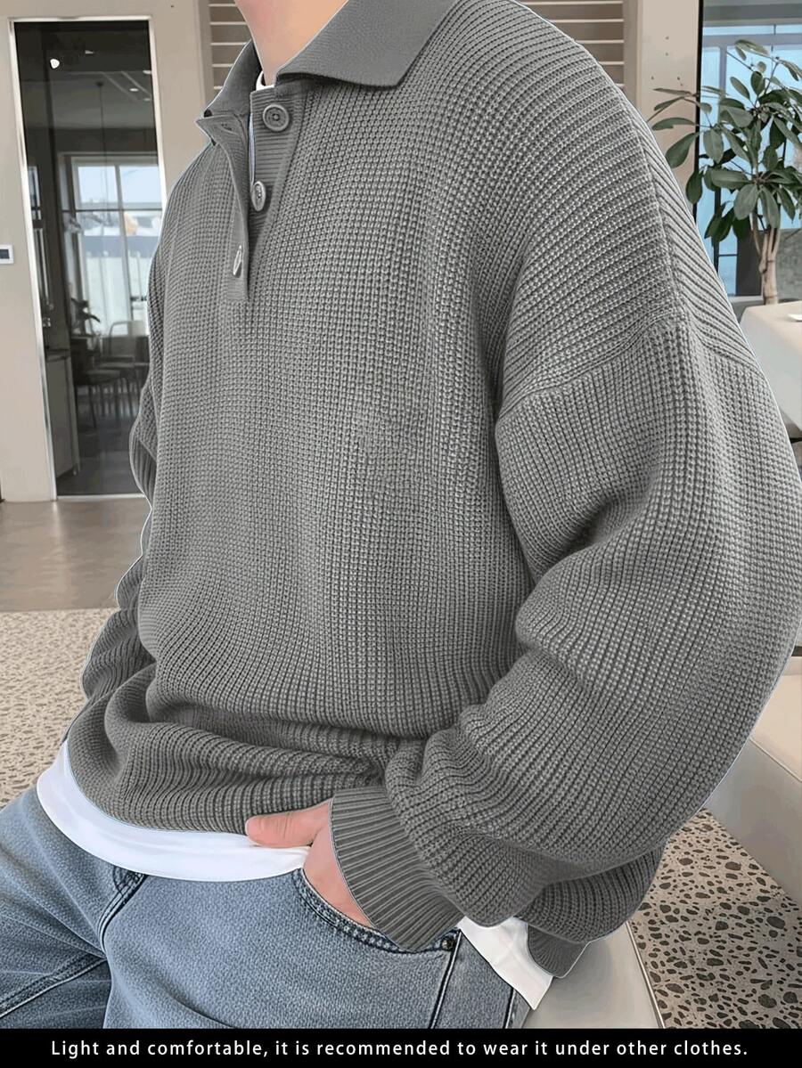 新款韩版宽松Polo领毛衣男士，休闲针织套头衫，复古罗纹领，春秋冬季 - 灰色 - 查看 1