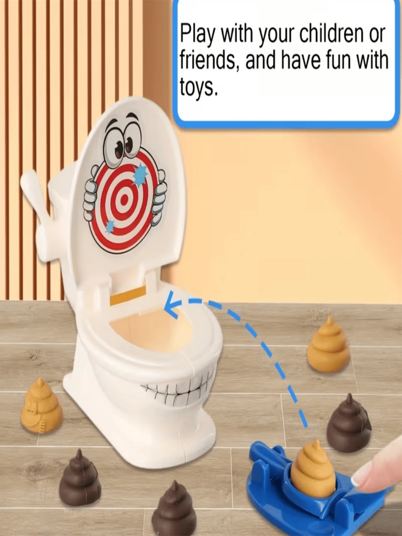 一套趣味射击马桶玩具，包含1个玩具、2个发射器和6个软塑料弹丸，是一款有趣的射击游戏，适合作为圣诞节或万圣节礼物。