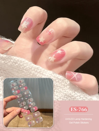 Cured Gel Nail Strips , Clear Base, 20 Pcs Gel Nail Wraps, Stickers, UV Light Required, Salon Quality, Long Lasting,ES20 Cross-Border Wholesale Drop Shipping Red Book Same Style Nail Stickers Nail Stickers For Fingertips Nail Supplies
