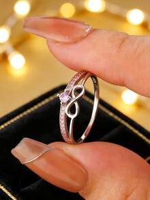 1枚925纯银镀铂金蝴蝶结粉钻戒指，心形水钻设计，精致银饰，送给女朋友的礼物 - 銀色 - 查看 3