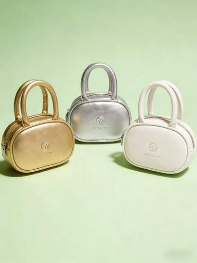 儿童字母压花迷你手提包，时尚新款女童托特包，节日礼物，公主零钱包，迷你包，圆形包，简约小包，金色、银色、白色、黑色、粉色可选，适合女孩携带零钱购物