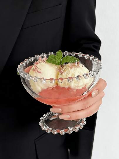 1pc Beaded Glass Dessert Bowl, Ins Style Beaded Edge Ice Cream Bowl, Cold Drink Smoothie Dessert Cup, Fruit Glass Bowl, Vegetable Salad Bowl, Ice Cream Dessert Bowl, Serving Dishware For Home, Office, Restaurant, Gift For Friends, Gathering, Party