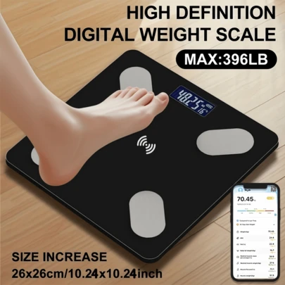 1. 智能电子秤，体重秤，黑白两色可选，液晶显示屏，测量精准，电池供电（不含电池），适合成年男女家用