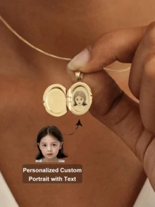 1pc Customized Photo Locket Necklace, Stainless Steel Engraved Oval Pendant Necklace, Gold Photo Necklace, Memorial Jewelry, Anniversary Gift, Mother's Gift, Mother's Day Gift - Multicolor - View 2