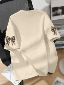 Plus Size Women's Casual Heart-Shaped Leopard Print Round Neck T-Shirt, Mother's Day Gift; Gift For Mom; Graduation Short Sleeve Shirt; Back To School Outfit; Graduation Ceremony; Female Teacher Attire; Summer Clothing For Family And Friends. Suitable For Daily Wear, Outdoor, Festivals, Beach, Parties, School, Music Festivals, Vacations, Commuting And Outings - Apricot - View 2