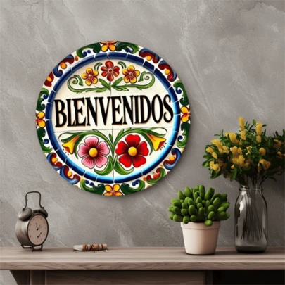 20.32 X 20.32 Cm 2D Handmade Round Iron Wall Decor - "Welcome" Colorful Floral Pattern, Classic Home/Office/Garage Decoration, Unique Gift For Friends & Family, Holiday Celebration Decor, Intricate Carved Design, Random Hole Placement