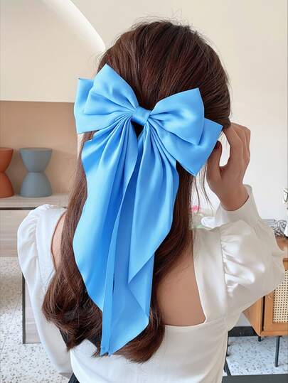 1pc Oversized Satin Bow Hair Clip, Extra Large Silk Bowknot Hair Accessory, French Barrette Cute Aesthetic Style, Adorable Big Bow Hair Clip Suitable For Ramadan, Valentine's Day, Wedding, Party, Daily Wear (Blue Bow)