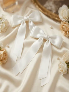 2 件装女士发夹，黑色蝴蝶结、白色蝴蝶结、粉色蝴蝶结，缎带蝴蝶结发夹，长尾蝴蝶结发夹，派对、斋月、情人节发饰，日常休闲白色蝴蝶结，头饰，爪夹，发卡，发夹 - 白色 - 查看 2