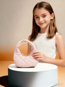 Children's Fashion Embroidered Crescent Handbag, Little Girls' Casual Tote Bag, Rhombus Coin Purse, Lipstick Case, Soft Mini Bag, Pouch, Holiday Gift, Gold, Silver, Black, White, Pink - Multicolor - View 9