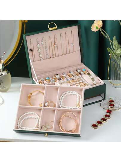 Large-Capacity Lockable Jewelry Box, Double-Layer PU Leather Jewelry Storage Box, Necklace, Ring, Earring And Watch Organizer. Luxury And Portable Jewelry Storage Box With Lock And Anti-Oxidation Design, Suitable For Both Travel And Home Use. The First Choice For Gifts For Girls, A Multi-Functional Jewelry Box With Ring Slots + Watch Positions, Large-Capacity Leather Storage Box.