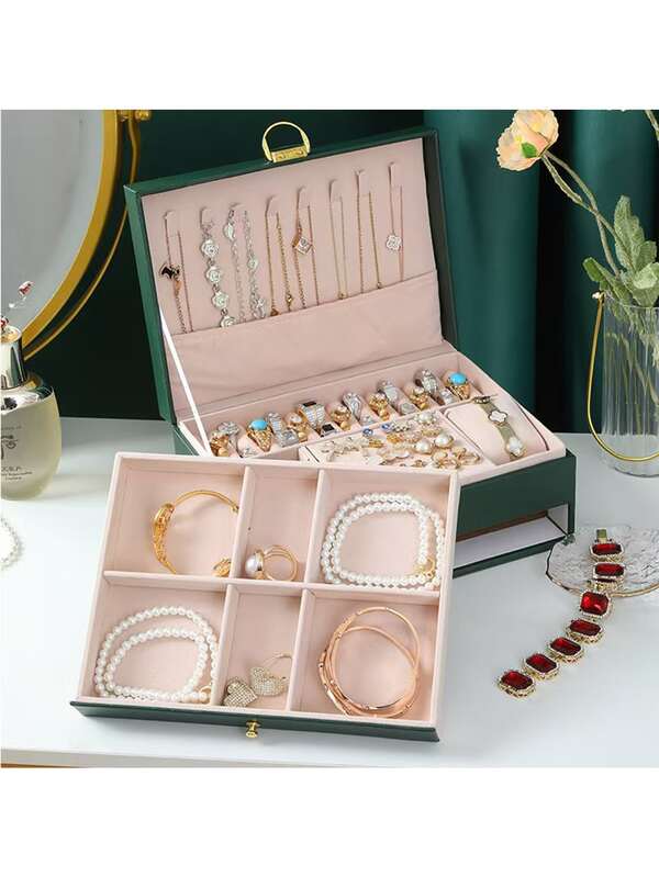 Large-Capacity Lockable Jewelry Box, Double-Layer PU Leather Jewelry Storage Box, Necklace, Ring, Earring And Watch Organizer. Luxury And Portable Jewelry Storage Box With Lock And Anti-Oxidation Design, Suitable For Both Travel And Home Use. The First Choice For Gifts For Girls, A Multi-Functional Jewelry Box With Ring Slots + Watch Positions, Large-Capacity Leather Storage Box.