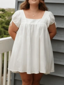 Women Plus Size Babydoll Mini Dress Square Neck Puff Sleeve Flowy Babydoll Short Dress - White - View 3
