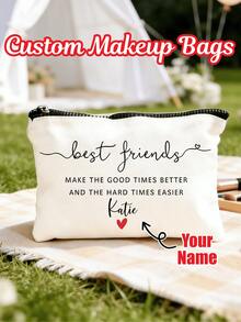 1pc Custom Name Best Friends Personalized Gift Make Up Bag, Ladies Purse, Canvas Travel Toiletry Bag, Cosmetic Organizer Case, Back To School Teacher's Day Gift - Multicolor - View 1