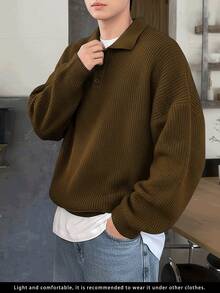 新款韩版宽松Polo领毛衣男士，休闲针织套头衫复古领服装，春秋冬季 - 咖啡棕 - 查看 2
