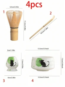 1件/4件/5件/7件套手绘星猫抹茶茶具套装，包含抹茶碗、抹茶筅、抹茶杯、搅拌棒、茶匙、茶碗套装、抹茶冲泡工具、甜点和饮品制作工具、日式礼盒、松金抹茶搅拌套装、抹茶爱好者礼物 - 彩色 - 查看 5