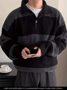 男士美式街头风韩版商务休闲通勤百搭条纹套头针织衫，秋冬款 - 黑色 - 查看 1
