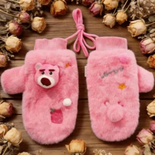 Miniso Disney Pixar Series Plush Carnival Thickened Fleece Cartoon Warm Gloves With Lanyard, Winter Cold-Proof Fingerless Mittens - Pink - View 5
