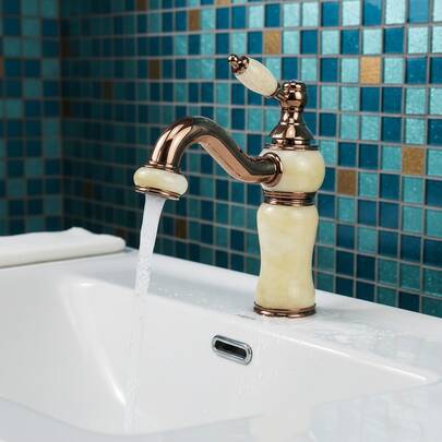 1pc Gold Faux Marble Contrast Color Rose Gold Glossy Retro Palace Style Bathroom Sink Faucet, Single Handle Hot & Cold Dual Control Vessel Sink Tap, G1/2 Interface, 2pcs 50cm Hoses, G3/8 Adapter