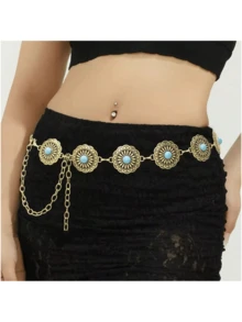 1pc Fashionable Versatile Bohemian Style Vintage Turquoise Pendant Waist Chain, Party & Daily Wear, Gift For Holidays - Yellow Gold - View 3