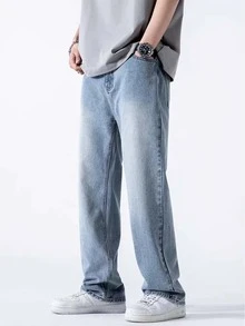 Quần jean denim màu xanh nhạt dễ phối đồ cho bé trai, quần ống đứng bạc màu, kiểu dáng thường ngày dành cho thanh thiếu niên, đa năng. - Rửa nhẹ - Xem 1